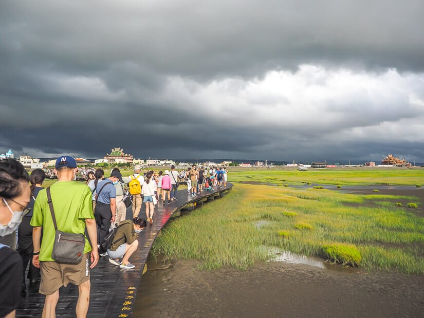 A crowd of people walking along the dock at Gaomei Wetlands