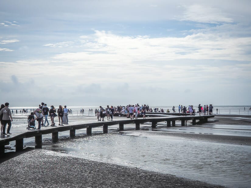 A long dock with lots of people on it above shallow water