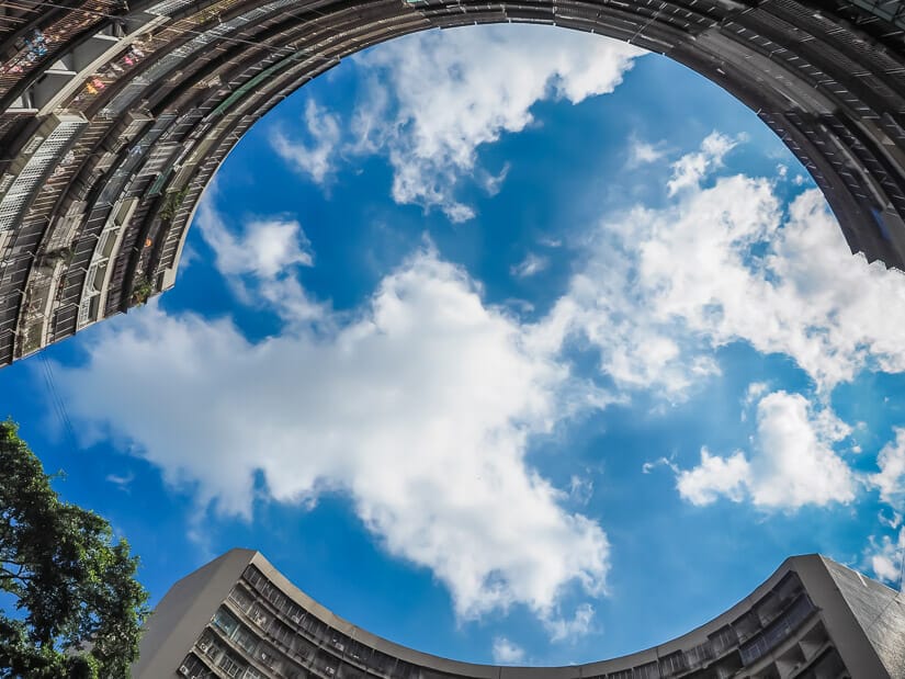 Two circular tall apartment blocks at Guomao Community Park in Zuoying, Kaohsiung