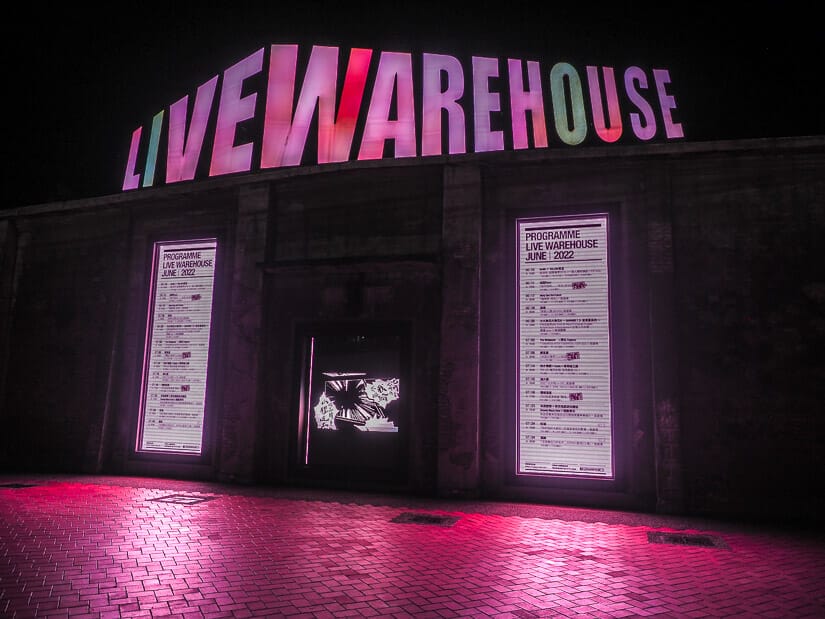 The neon sign and concert listings posted at Live Warehouse in Pier 2 Kaohsiung