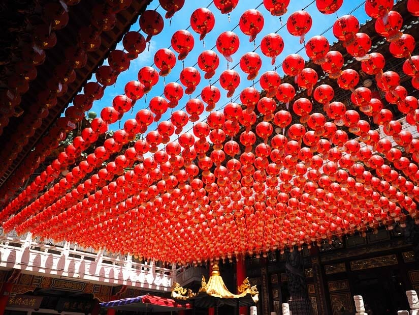 A canopy of red lanterns in a courtyard of Sanfong Temple in Kaohsiung