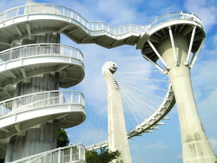 A tower with a spiral staircase leading up to a lookout platform in Siaogangshan Skywalk Park