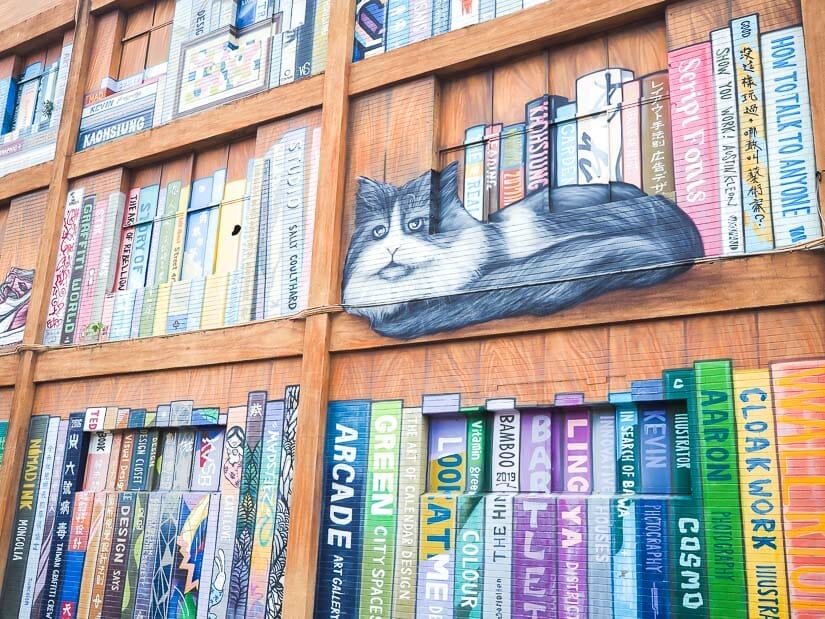 A painted mural of a cat on a shelf in a bookstore in Weiwuying Art Village Kaohsiung