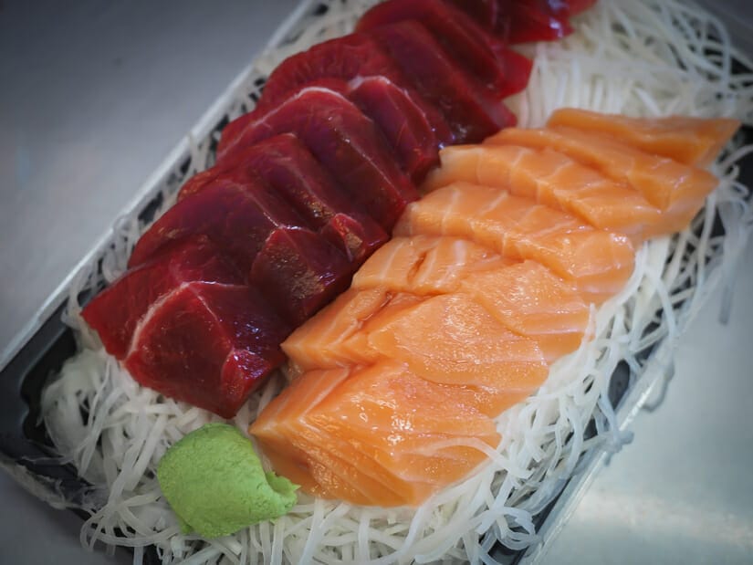 A plate of sashimi from Huaqiao Fish Market in Donggang