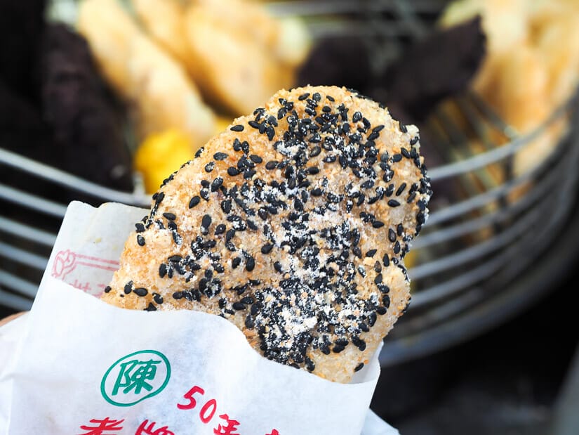 A close up of a taiwanese snack called baitangguo in Lingya Night Market