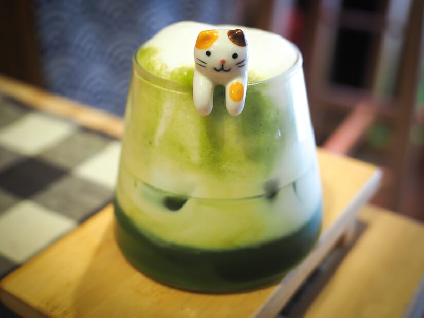 A glass of iced matcha tea with a cat spoon sticking out of it at Nezo Cafe Taipei
