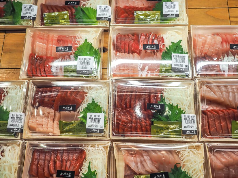 Trays of sashimi for sale at Addiction Aquatic Development in Taipei