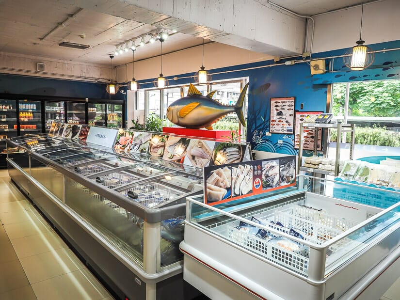 Freezers in the Taipei Fish Market grocery store