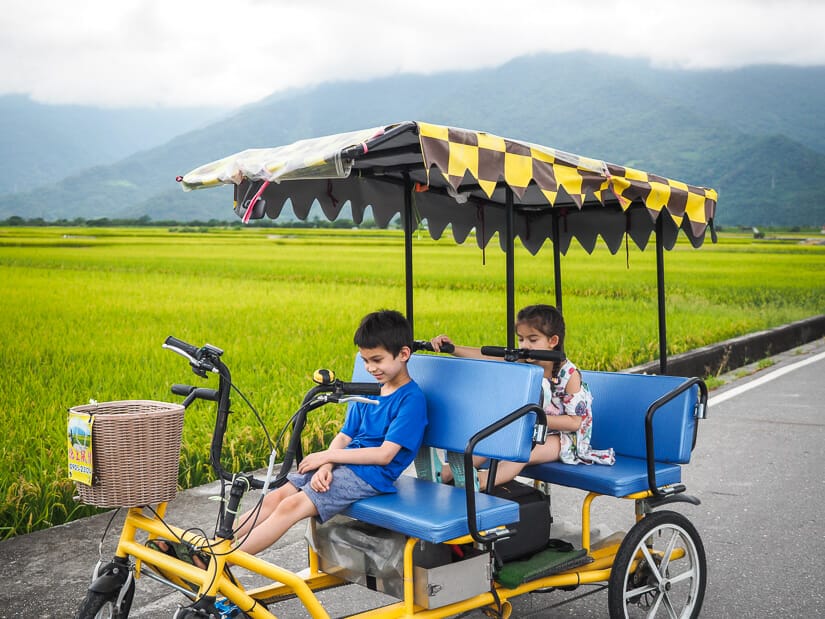 Two kids sitting on an electric bicycle in Chishang with rice paddies in background