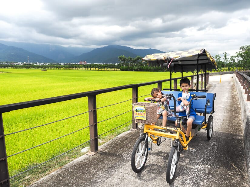 Two kids sitting on an electric bicycle on Jinxin #2 Road in Chishang with rice paddies behind and cloudy sky