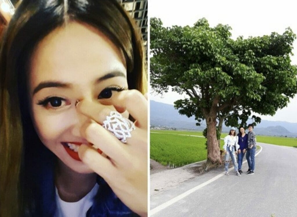 A picture of Jolin Tsai's face on the left, and a picture of her and her friends visiting a tree in Chishang on the right
