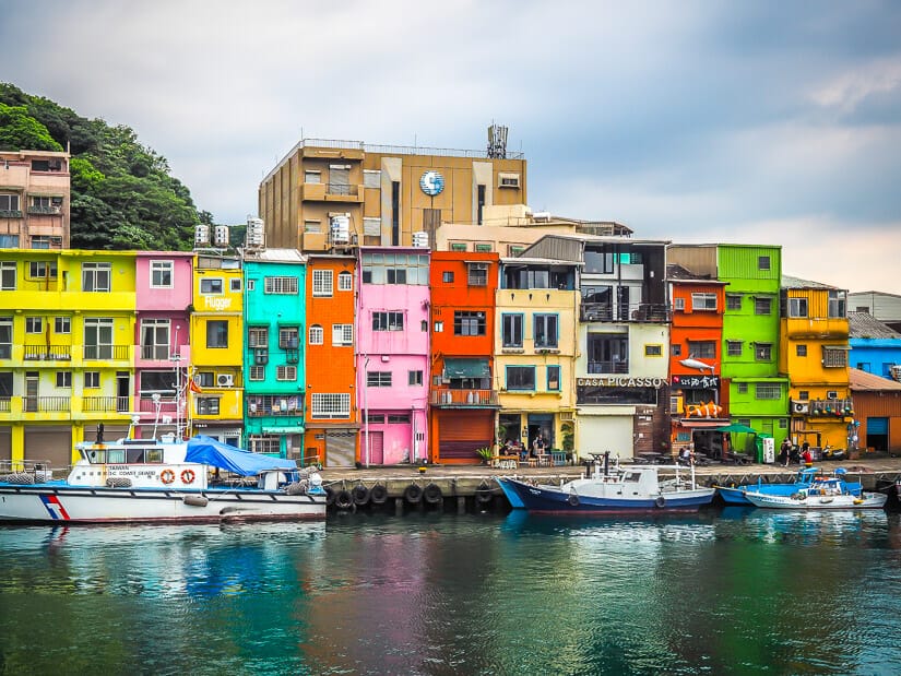 A row of super colorful houses along Zhengbin Port in Keelung