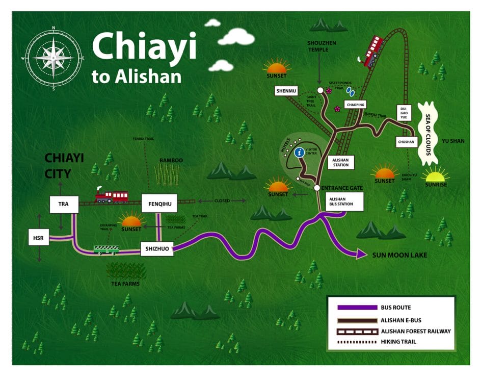 A map of Alishan and the different ways to get there.