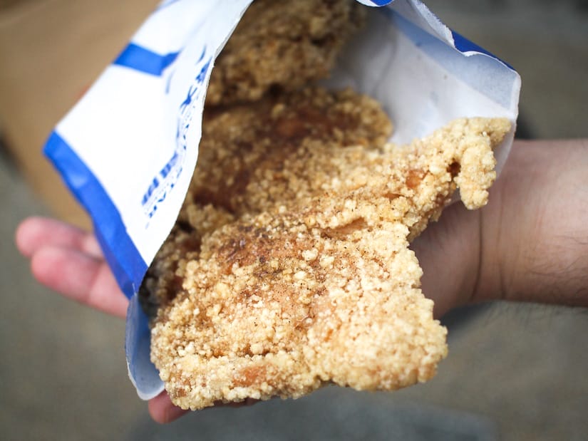 Close up of a breaded, deep fried chicken fillet in a white and blue back held by a hand