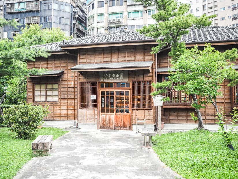 The exterior of an old wooden Japanese teahouse in Ximending