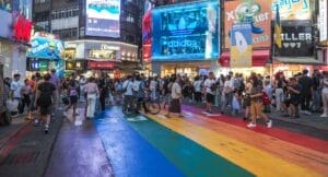 Rainbow flag crossing in popular Ximending neighborhood at night