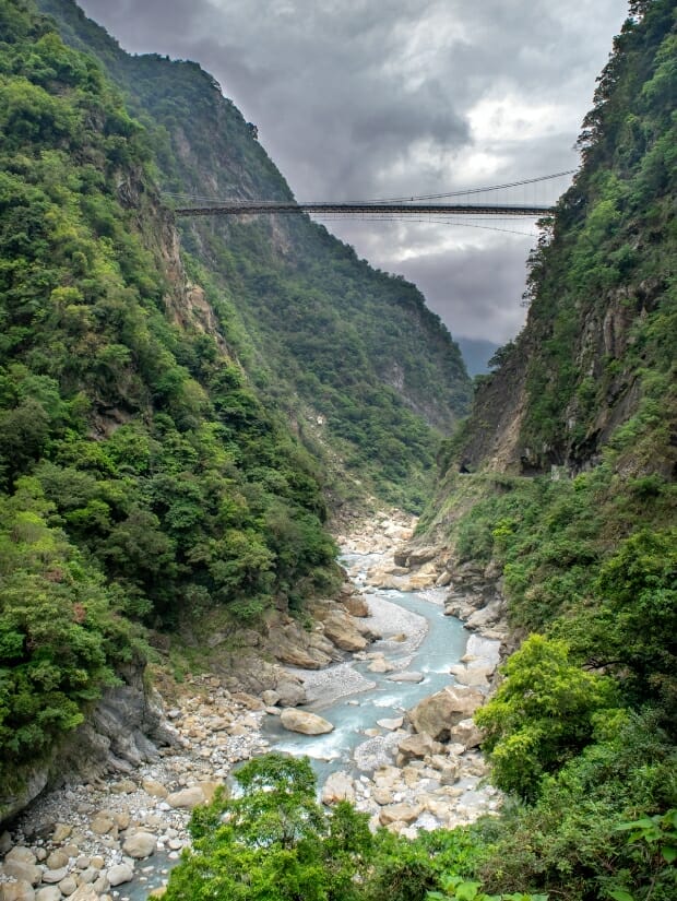 View from afar of Buluowan Suspension Bridge in Taroko Gorge and the Liwu River below it