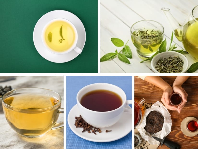 A collage of five pictures of different types of teas in cups