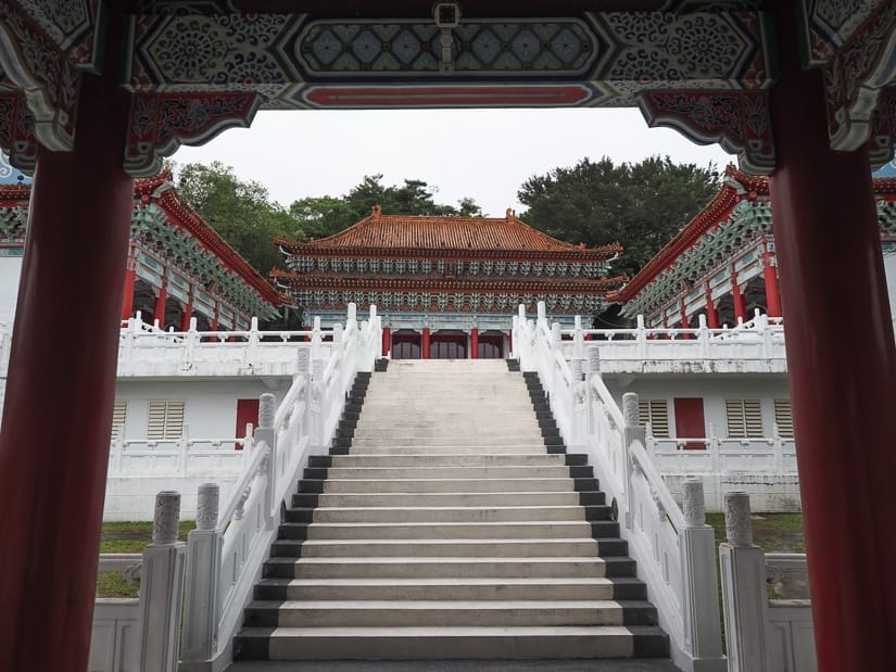 Looking up a staircase into the Hualien Martyr's Shrine