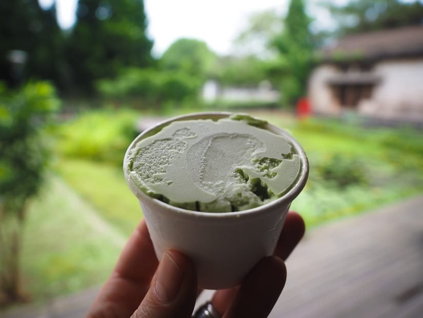 A hand holding up a small paper cup of green ice cream in front of a garden