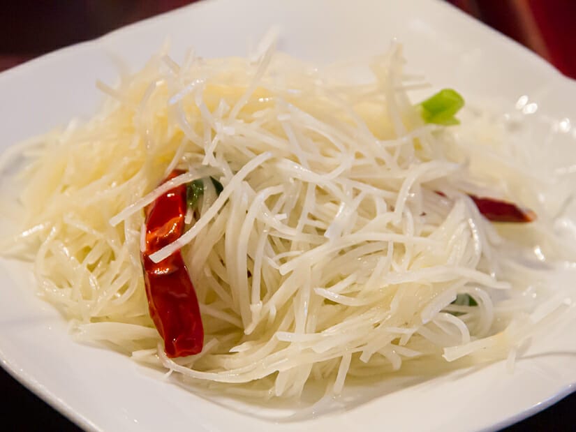 A plate of spicy fried potato strips at a Shaanxi restaurant in Taipei