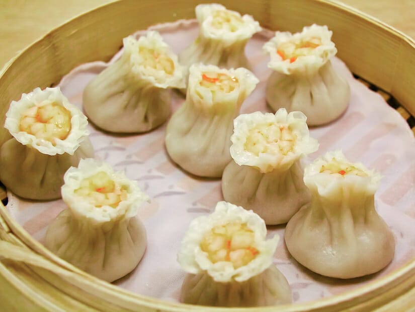 A basked of steamed shumai at a restaurant in Taipei