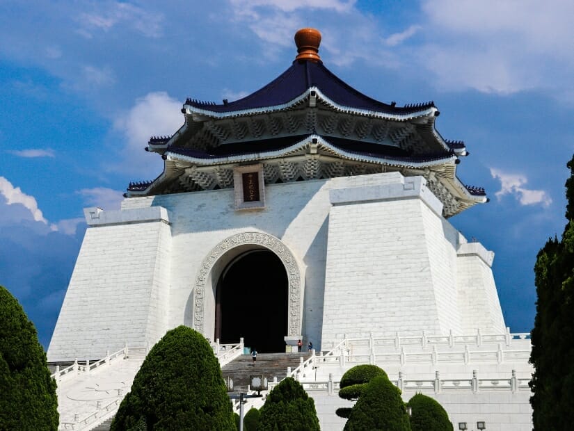 The white tower and blue roof of Chiang Kai-shek Memorial Hall