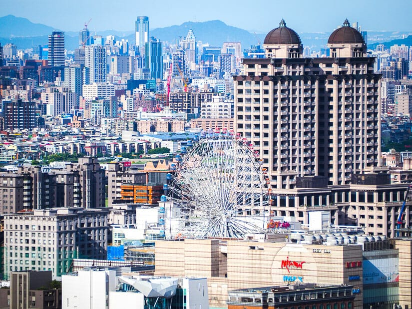 Cityscape of Taipei with the Miramar Ferris wheel among the buildings