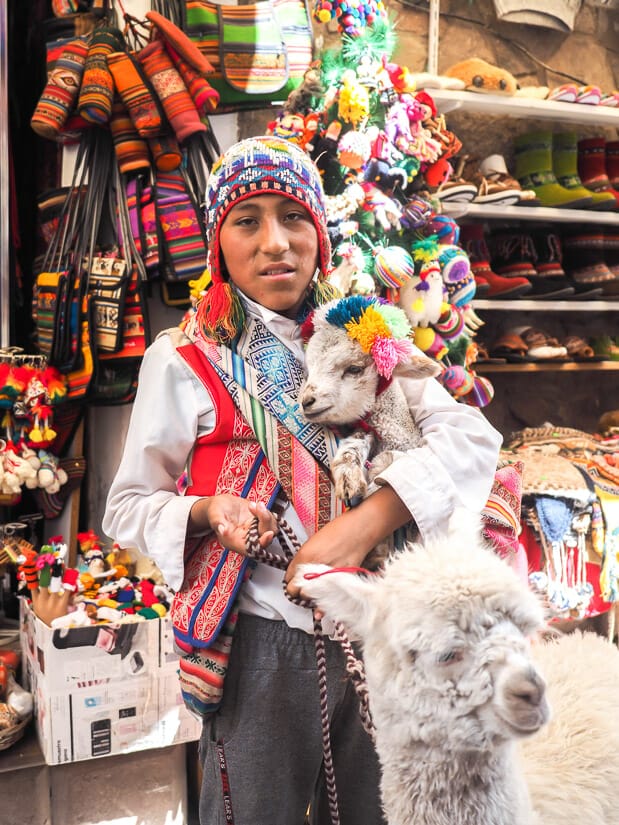 A local Quechua boy holding a baby alpaca and posing for the camera