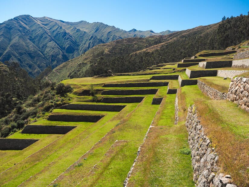 Rows of grassy terraces at Chinchero ruins