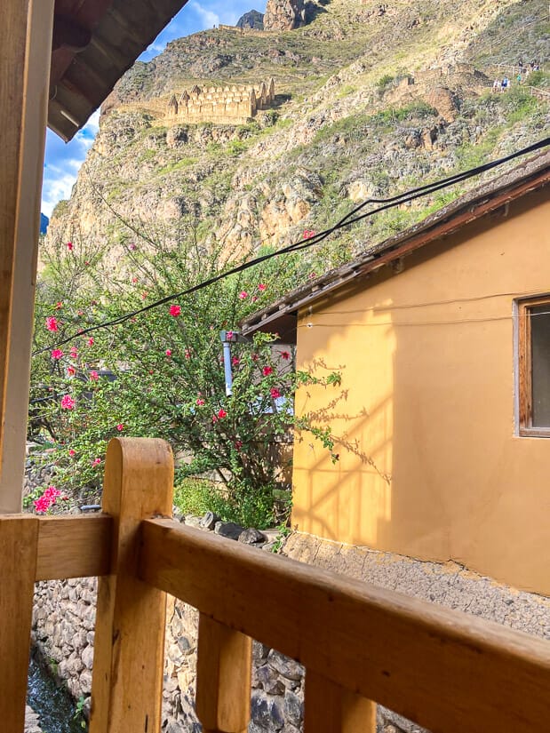 Pinkuylluna ruins visible on the mountain, shot from hotel room balcony