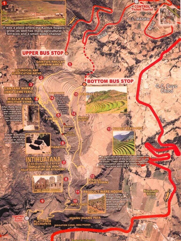 A map showing the driving route from Pisac town to Pisac ruins, with the walking route through Pisac ruins as well