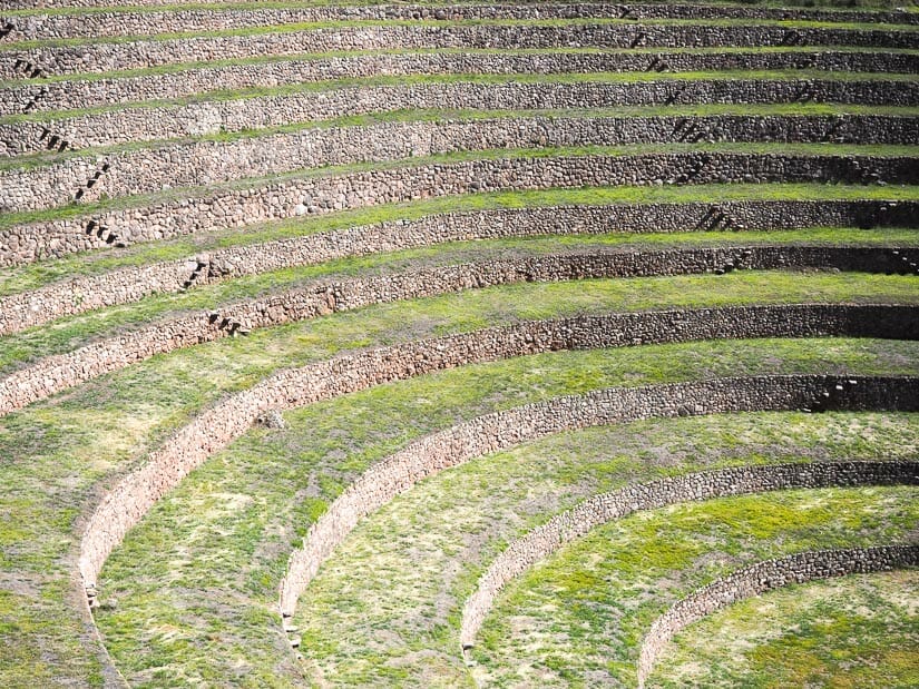 Circular Inca terrace ruins close up at Moray