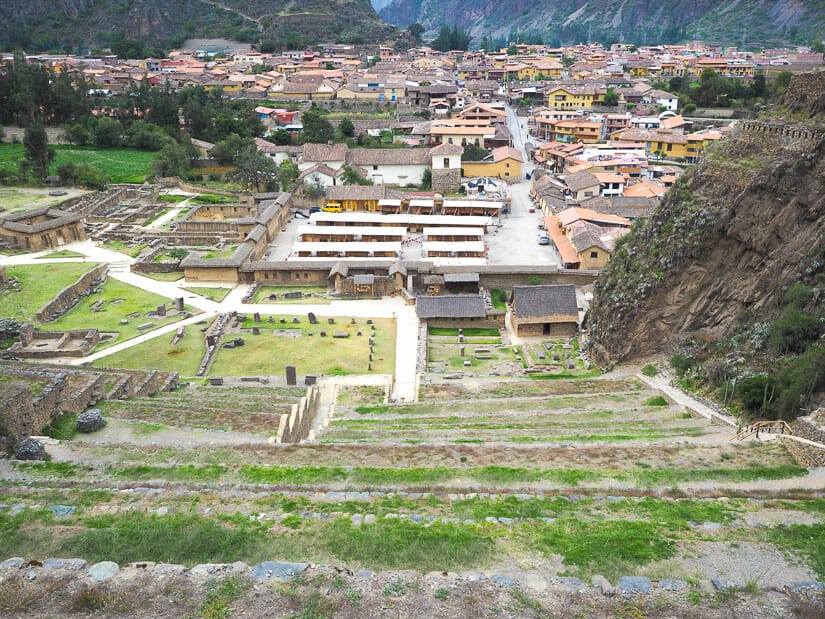 Looking down at terraces and Ollantaytambo town from the Ollantaytambo ruins