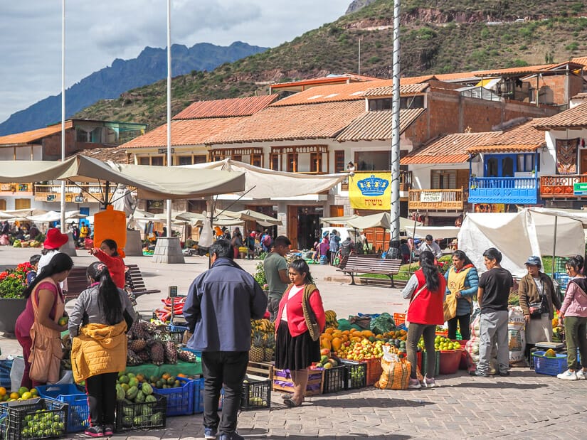 Vendors set up in the square in Pisac for the Sunday market