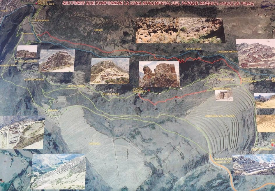 The map of Pisac ruins that is posted at the archaeological site