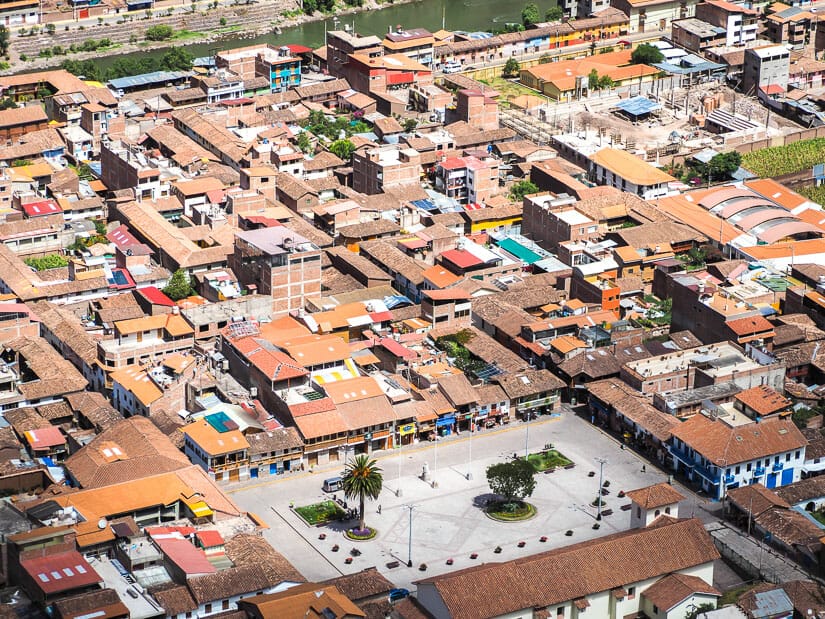 A view of Pisac town from above including the Pisac Square
