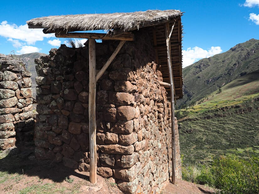 A structure at Pisac ruins called Two Tier House shot from behind