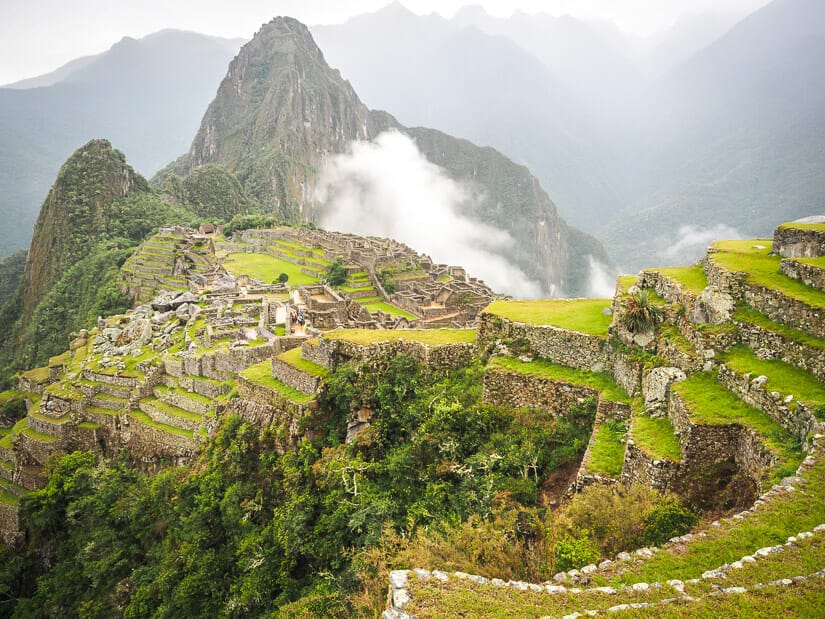 The famous view of Machu Picchu, with terraces in the foreground