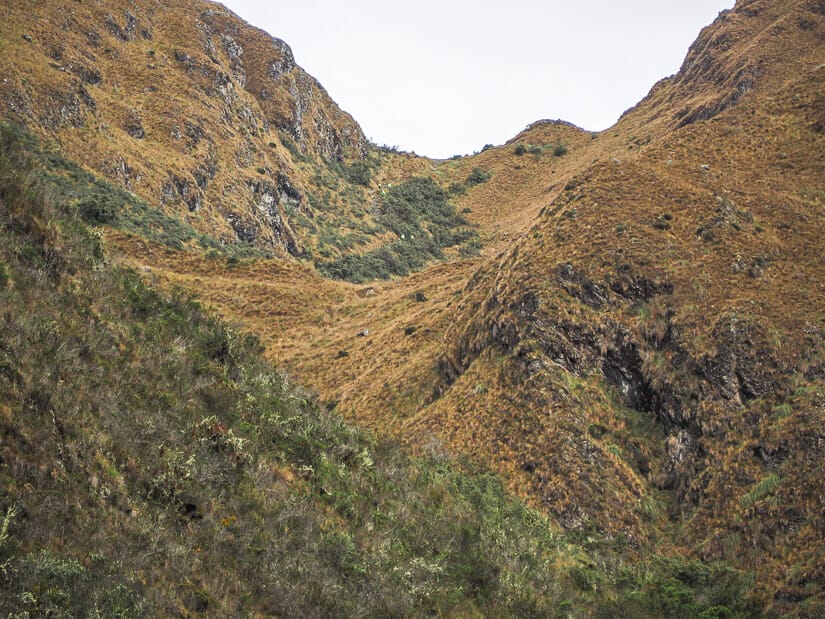 A view looking up at Dead Woman's Pass on the Inca Trail