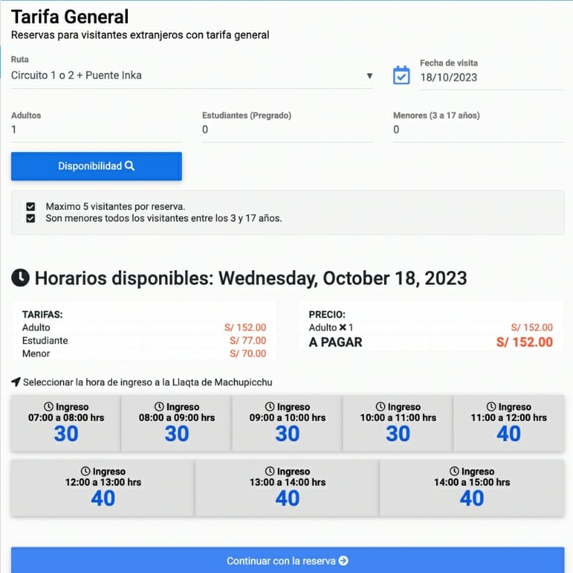 Screenshot of the Inca Bridge trail entrance times from the official Machu Picchu website