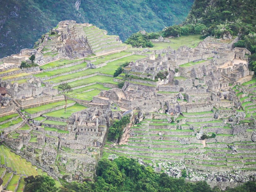 Zoomed in shot of the ruins of Machu Picchu from the Sun Gate