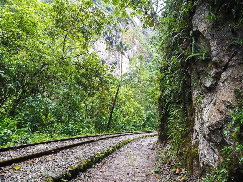 A railway line with walking path beside it