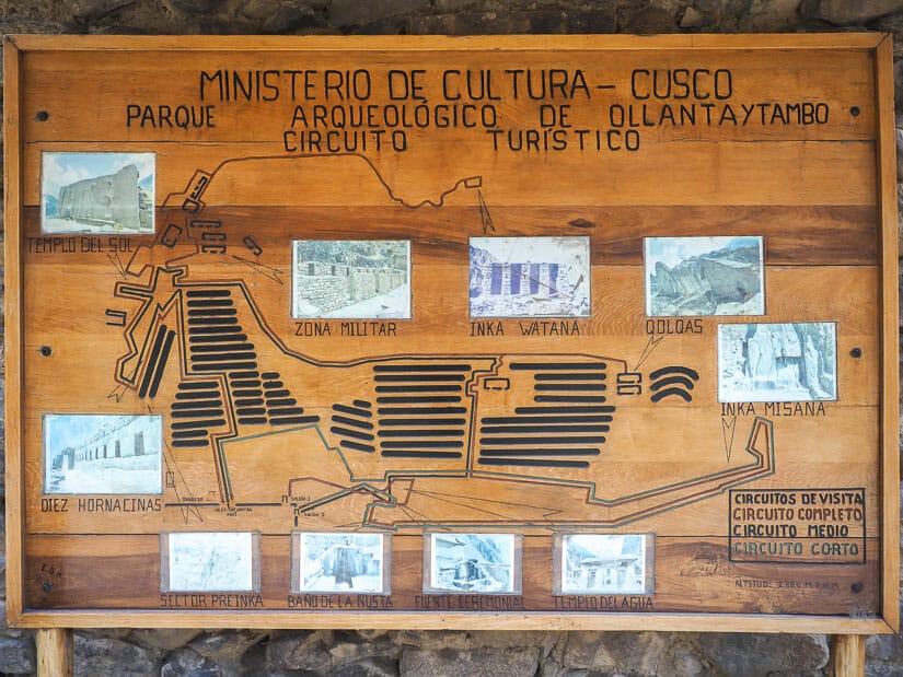 Map of Ollantaytambo ruins, with the most important parts labelled