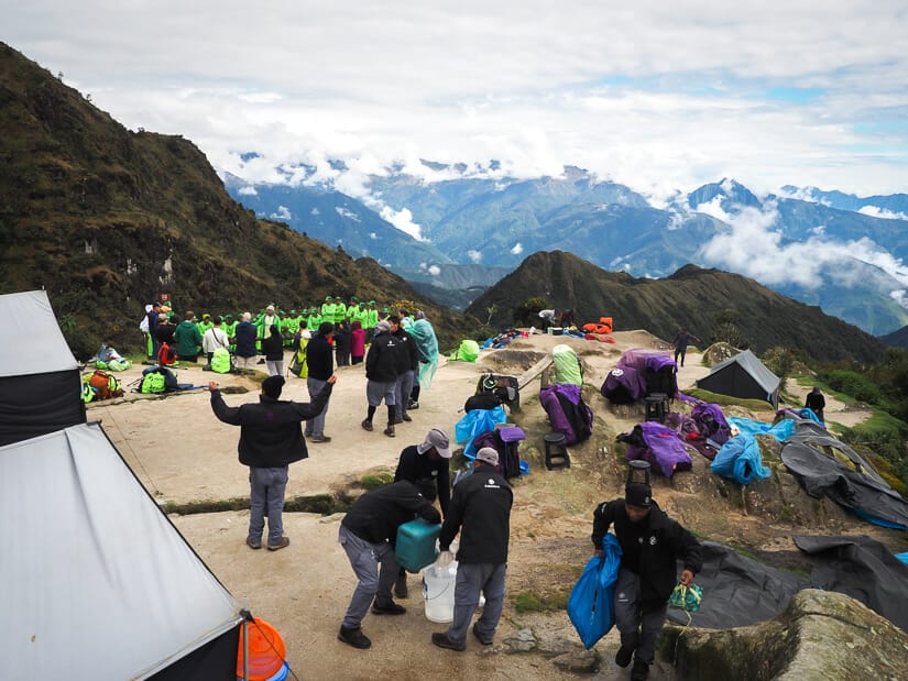 Many trekkers and tents at Phuyupatamarca Camp