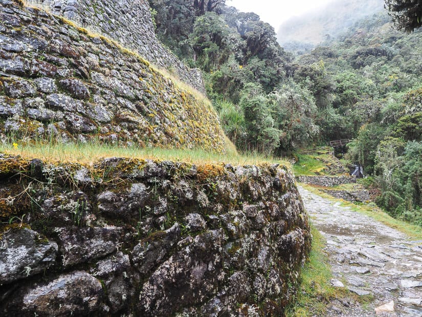 Stone terraces of Qonchamarka ruins on the Inca Trail, viewed from the side