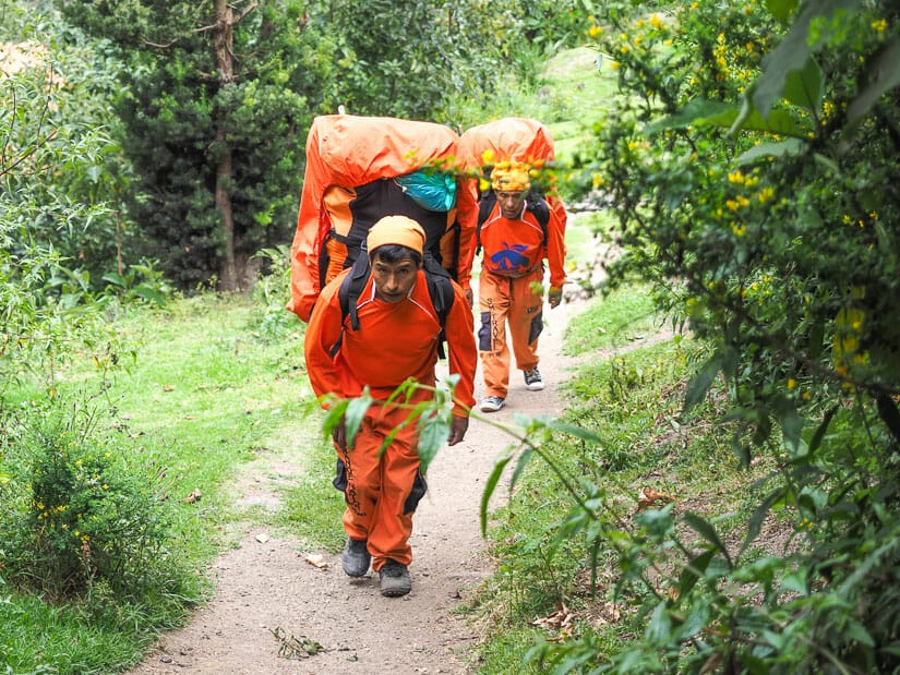 Two porters for Sam Travel Peru wearing orange clothing and carrying large orange packs up a trail through a green forest