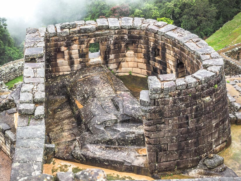 View of the Sun Temple at Machu Picchu shot from above