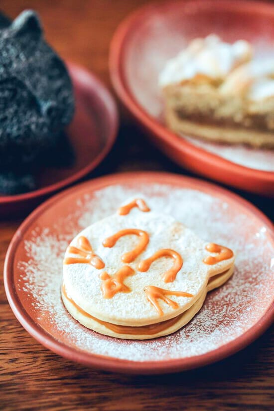 A cat-shaped cooking on a plate with white powder sugar on it