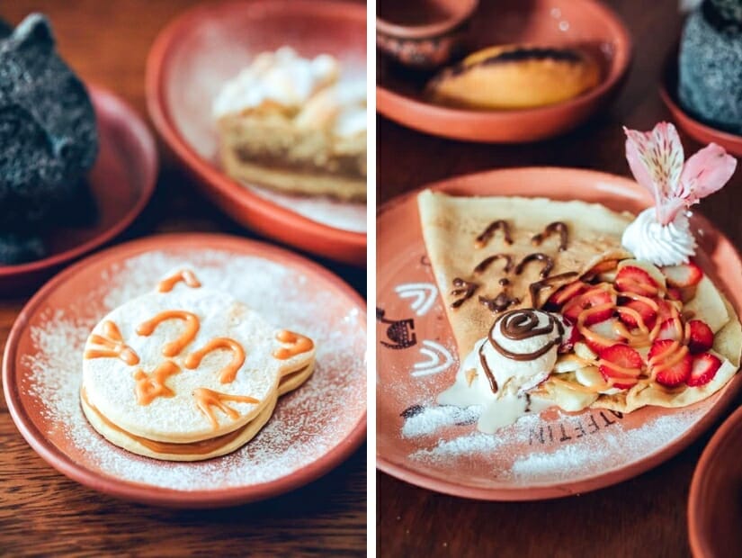 Two side by side images of cat shaped foods at Catfetin cat cafe, one crepe and one cookie